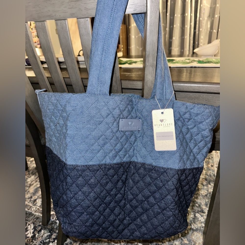 HEART LOVE BY CHARO Light And Dark Blue Denim Women's Travel Tote - Brand New